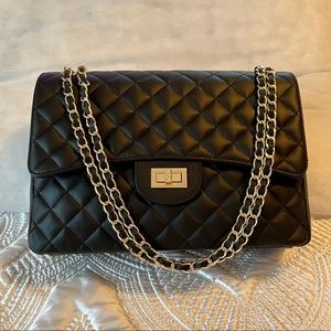 Chiara Ferretti Genuine Leather Black Quilted Flap Bag